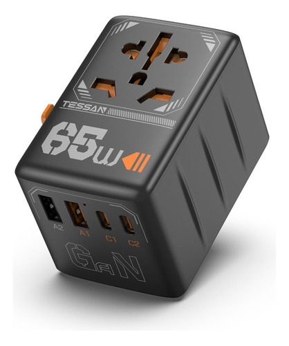 Adaptador De Viaje Universal Gan De 65 W Con 2 Cargas Rápida