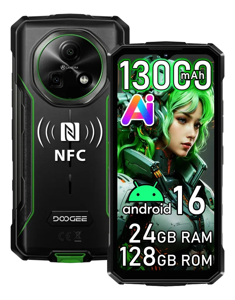 DOOGEE Fire 5 Pro Android 16 Celular Impermeable, 13000mAh 18W, 24GB+128GB/2TB Teléfono Resistente, 6.6'' HD+90Hz, 13MP+8MP, Helio G81/NFC/4G Triple Ranura/Face ID/GPS/OTG/IP68 Verde