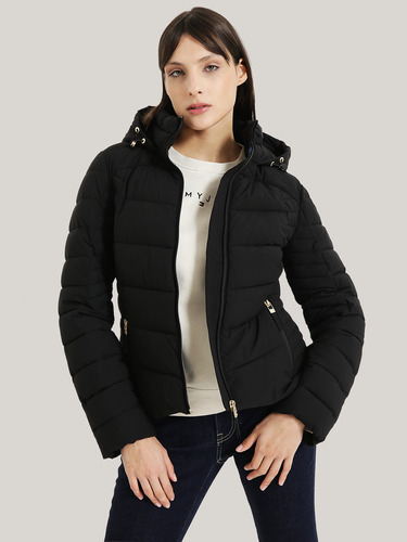 Parka Acolchada Con Cierre Y Gorro Negro Tommy Hilfiger