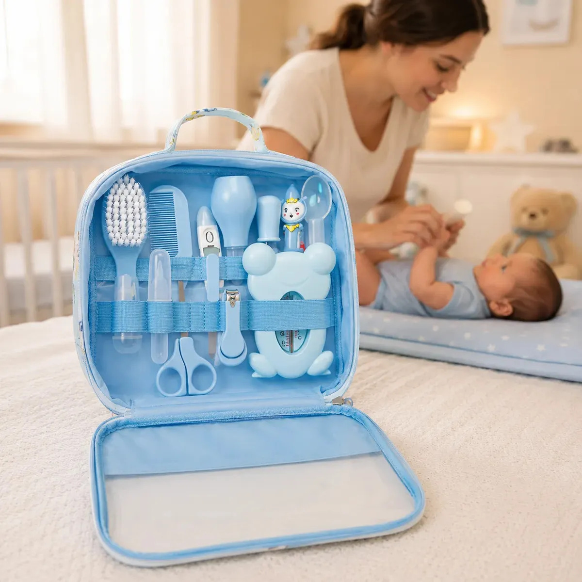 Kit Cuidados E Higiene Bebê Recém Nascido 13 Peças Azul Bolsa Maternidade Termômetro Digital Escova Pente Cortador Unha Aspirador Nasal Enxoval Acessórios Presente Segurança Louis 