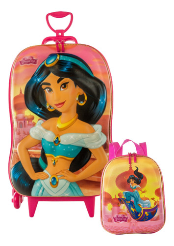 Mochila Lancheira Rodinha Tripla Princesa Jasmine 3d Maxtoy Cor Rosa