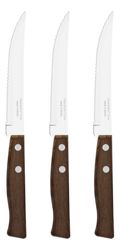 Juego de Cuchillos para Asado y Frutas Tramontina Tradicional con Láminas de Acero Inoxidable y Mangos de Madera Natural 03 Piezas