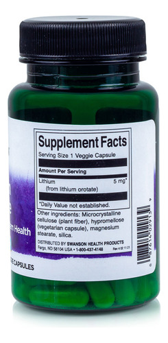 Orotato De Lítio 5mg Swanson 60 Veg Capsulas 2un Sabor N/A