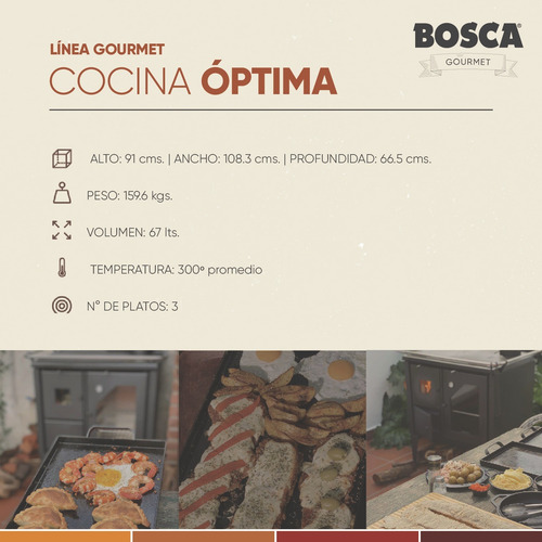 Imagen 3 de 9 de Cocina A Leña Bosca Optima 500 Salamandra Estufa 3 Platos
