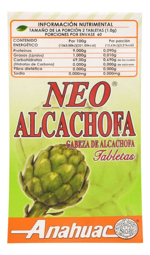 Neo Alcachofa 120 Tabletas Anahuac Sabor Sin Sabor