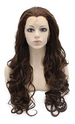 Pelucas - Peluca - 26inch Long Wavy Brown Synthetic Lace Fro