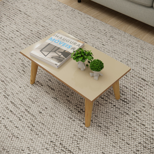 Mesa De Centro Retangular Apoio Sala Sofá Pés Palito Madeira Retro Classic Cor Off White Freijó