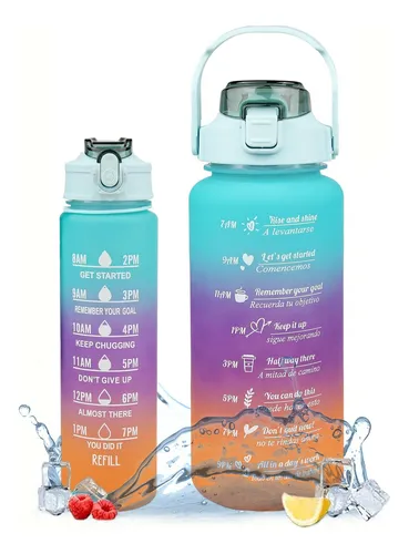 Set 2 unidades botella de agua deportiva 2l y 800 ml motivacional ax color celeste