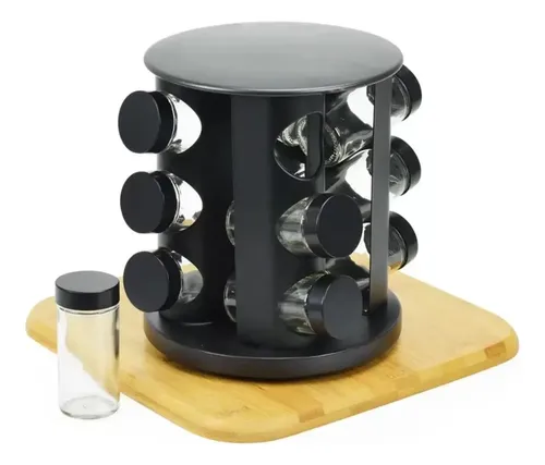 Porta Temperos Giratório Com 9 Potes De Vidro Cor Preto