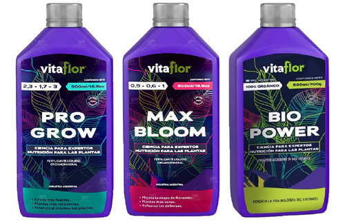 Fertilizantes Vitaflor Combo Progrow Maxbloom Biopower 500cc