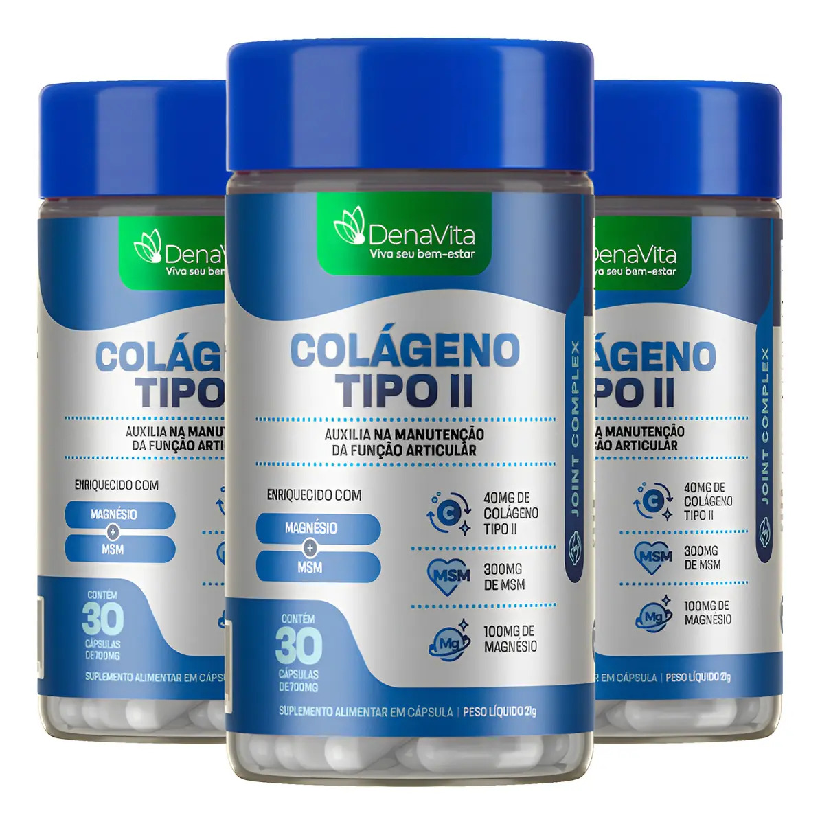 Kit 3x Colágeno Tipo 2 + Msm + Magnésio, Collagen - Denavita Colágeno Tipo 2 Não Desnaturado - Denavita