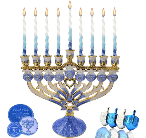The Dreidel Company Hanukkah Menorah Enamel Magen David & He