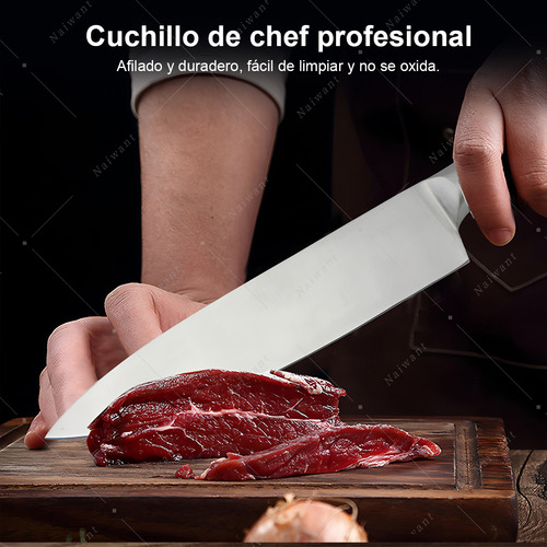 Naiwant® Cuchillo De Cocina Inoxidable Alto Profesional Con Piedra De Afilar Cuchillo Forjado A Mano Color Cuchillo De Chef Plateado Longitud del cuchillo 34,5 cm, grosor 3 mm