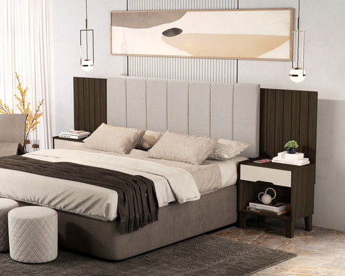Cabeceira Helena Com Estofado E Criado 1,60 Para Cama Box