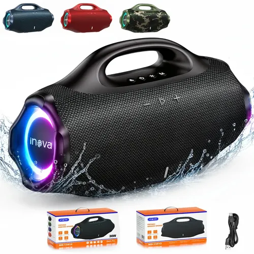 Inova Caixa De Som 30w Bluetooth 5.3 Estéreo Hifi Com Potente Tws Fm Rgb Ipx6 Bass Boost Áudio De Alta Definição - Preto
