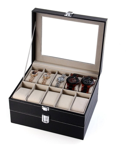 Caja Relojes 20 Rejillas Cuero Sintetico Organizador Joyas
