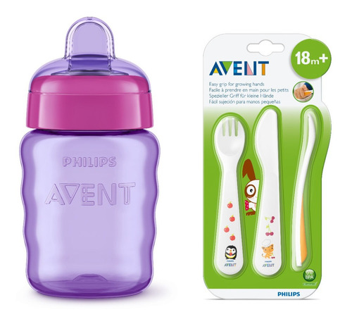 Combo Vaso Classic Avent  Rosado 9oz + Set Cubiertos (18m+)