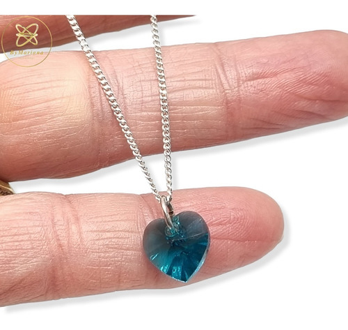Imagen 4 de 6 de Cadena Plata + Corazon Cristal Swa Verde Esmeralda 10mm
