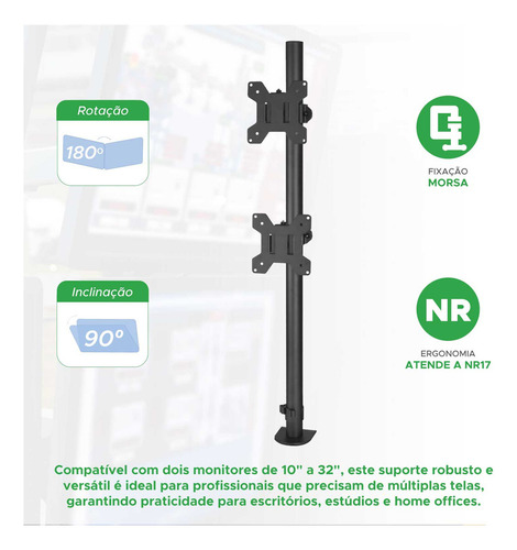 Suporte Ajustável para 2 Monitores com Morsa de 10 Até 32 Pix PX-100M preto