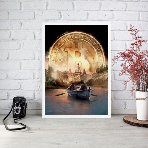 Quadro Decorativo Surrealista Bitcoin 33x24cm Moldura Branca