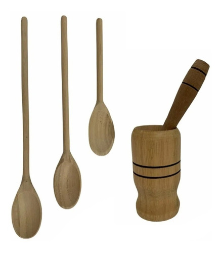 Kit Utensílios Cozinha Colher Pau Pilão Socador Alho Madeira