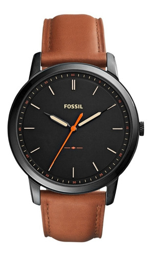 Reloj de pulsera Fossil The minimalist de cuerpo color negro, analógico, para hombre, fondo negro, con correa de cuero color marrón, agujas color negro, blanco y naranja, dial blanco, minutero/segundero blanco, bisel color negro y hebilla simple