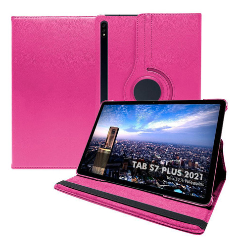 Capa Tab S7 Plus Giratória Premium + Pelicula Premium Pink