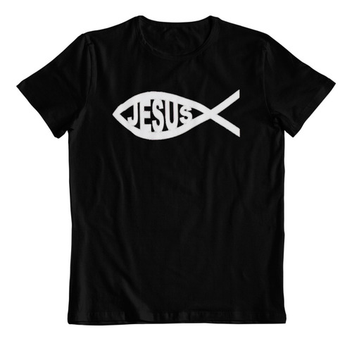 Polera Negra Algodon Estampado Dtf Jesus Cristo Ichtus Logo