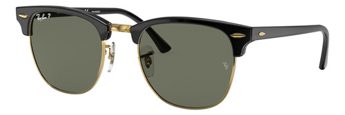 Óculos de sol polarizados Ray-Ban Clubmaster Classic Standard armação de acetato cor polished black, lente green de cristal clássica, haste polished black de acetato - RB3016