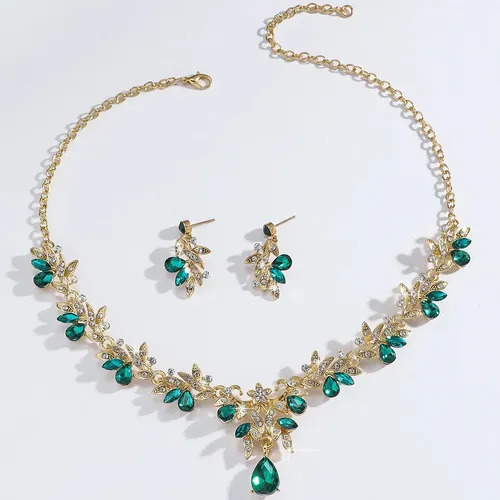 Conjunto de colar e brincos em flor em gota verde esmeralda — foto 1