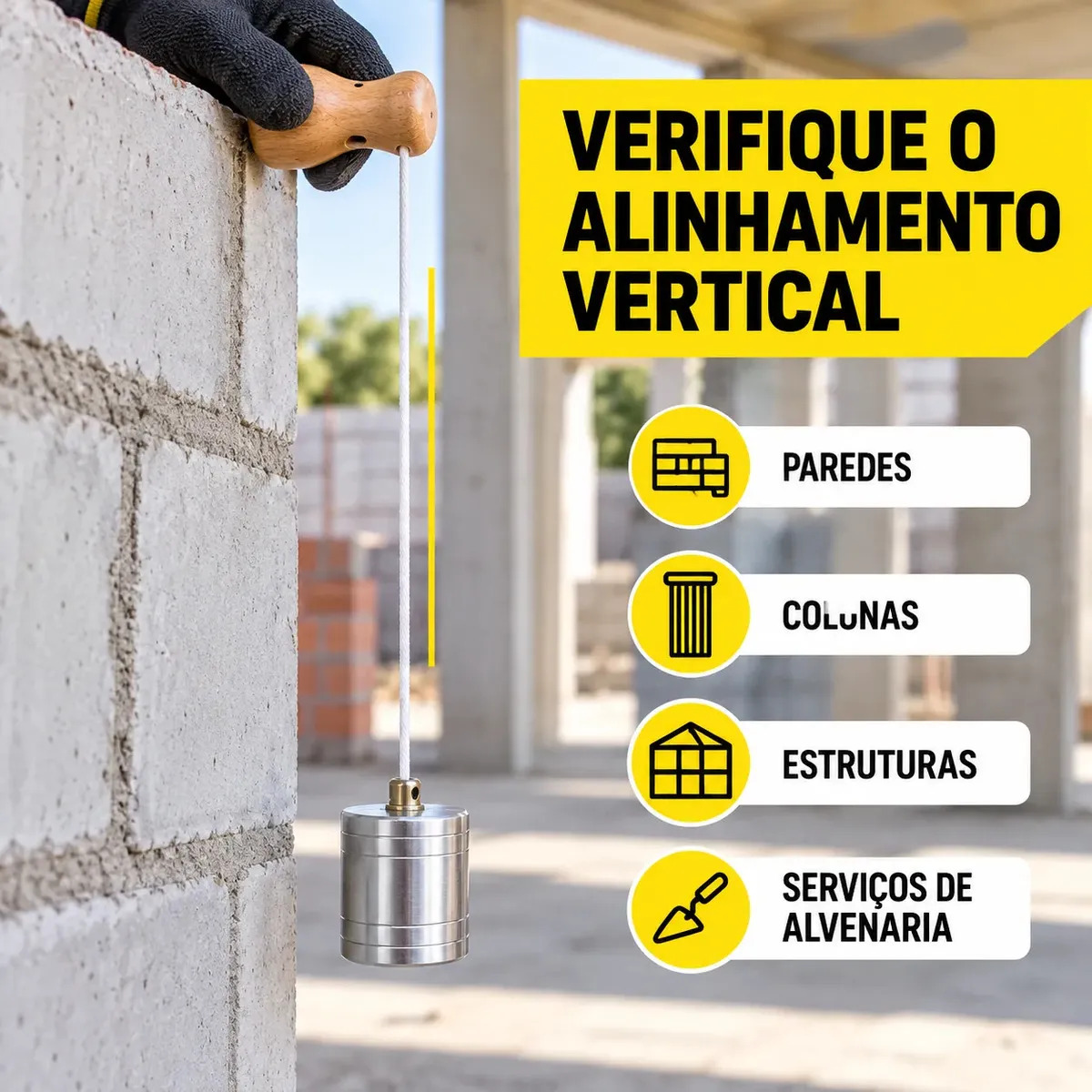 Prumo de Pedreiro Profissional 500g Corpo Metálico Polido com Cordão e Guia de Madeira para Alinhamento Vertical de Paredes Colunas Estruturas Obras Reformas Construção Civil e Alv