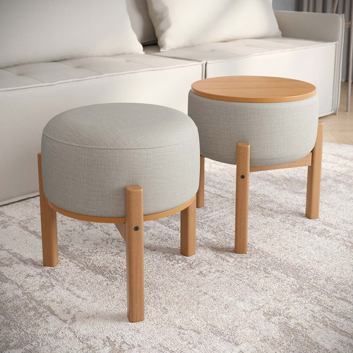 Puff Decorativo Multifuncional Com Mesa Pill Linho Cru
