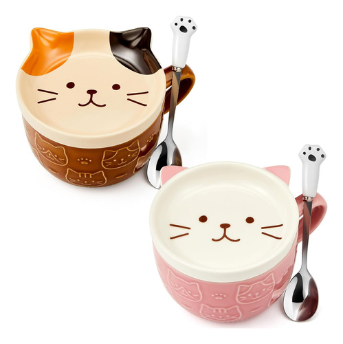 2 Pcs 10 Oz Ceramic Cute Cat Mug With Lid Kawaii Cat Tea ...