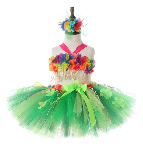 Disfraz De Falda De Hierba Hawaiana Con Flores Para Niñas