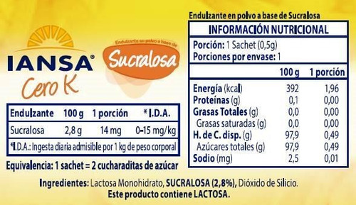 2000 Unidades Endulzante Sucralosa En Sachet Iansa Cero K