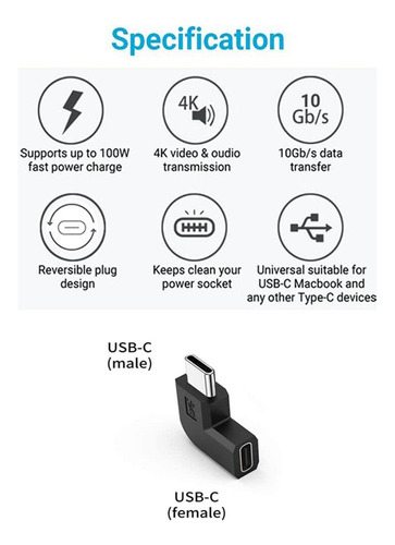 Convertidor Usb 3.1 Tipo C Macho A Hembra De Ángulo Recto, 2