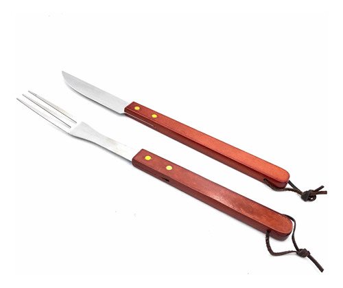 Set De Asador Cuchillo + Tenedor Acero Madera Para Colgar 