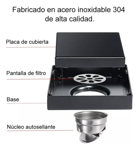 Coladera De Drenaje De Acero Inoxidable Floor drain bright black Invisible De 10x10cm