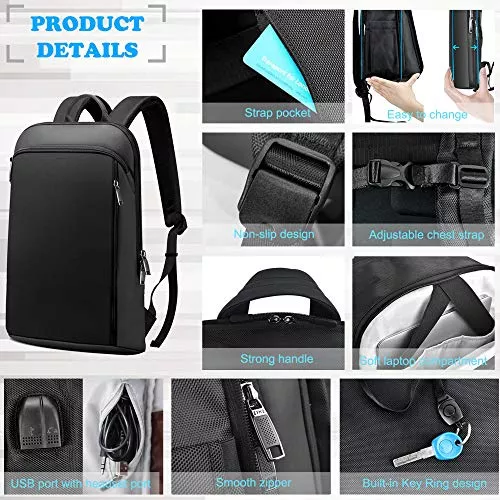 ZINZ Mochila delgada y expandible para laptop de 15, 15.6, 16 pulgadas,  antirrobo, bolsa de viaje de negocios con USB, mochila multiusos de gran