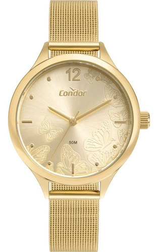 Relógio Dourado Feminino Condor Pulseira Mesh Aço Inoxidável