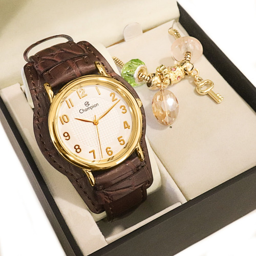 Relógio Champion Feminino Dourado Couro + Colar E Brincos