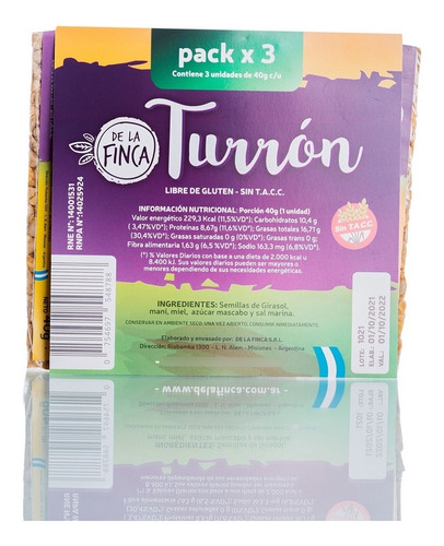 Imagen 3 de 3 de Turrón De Semilla De La Finca - X15 - Sin Tacc - Maní