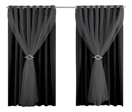 Cortina Blackout Tecido Com Voil 2,20m X 3,75m Sala Quarto Preto