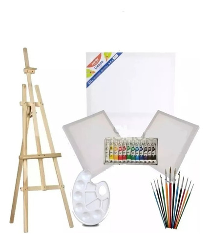 Kit De Arte Pintura Atril 120cm Acrílico Bastidor Set 7 Pcs