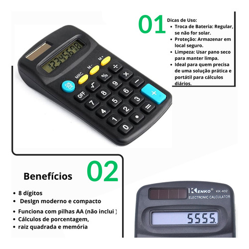 Kit 2 Calculadoras Mini Elgin 8 Dígitos Escritório Escolar