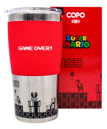 Copo Para Viagem Com Tampa Max Mario Game Over Retro 450ml