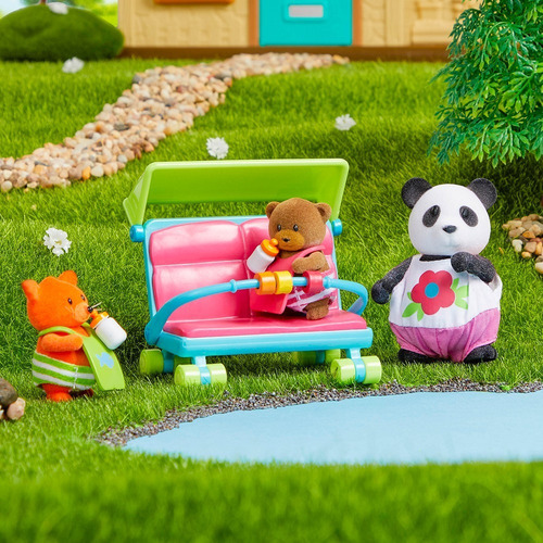 Imagen 3 de 3 de Lil Woodzeez Set Niñera Con 2 Bebes Con Accesorios De Paseo