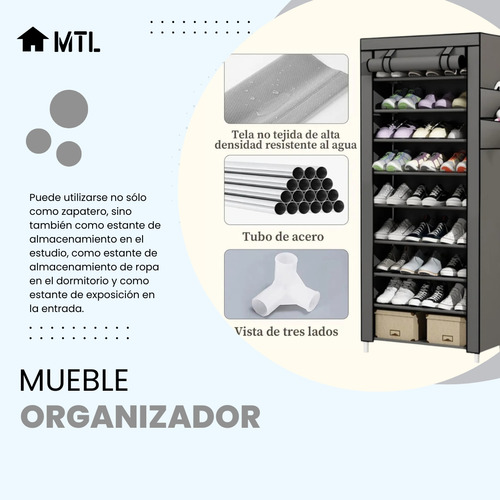 Zapatero Organizador Mtl Portatil Plegable 9 Estantes Color Gris Multiuso