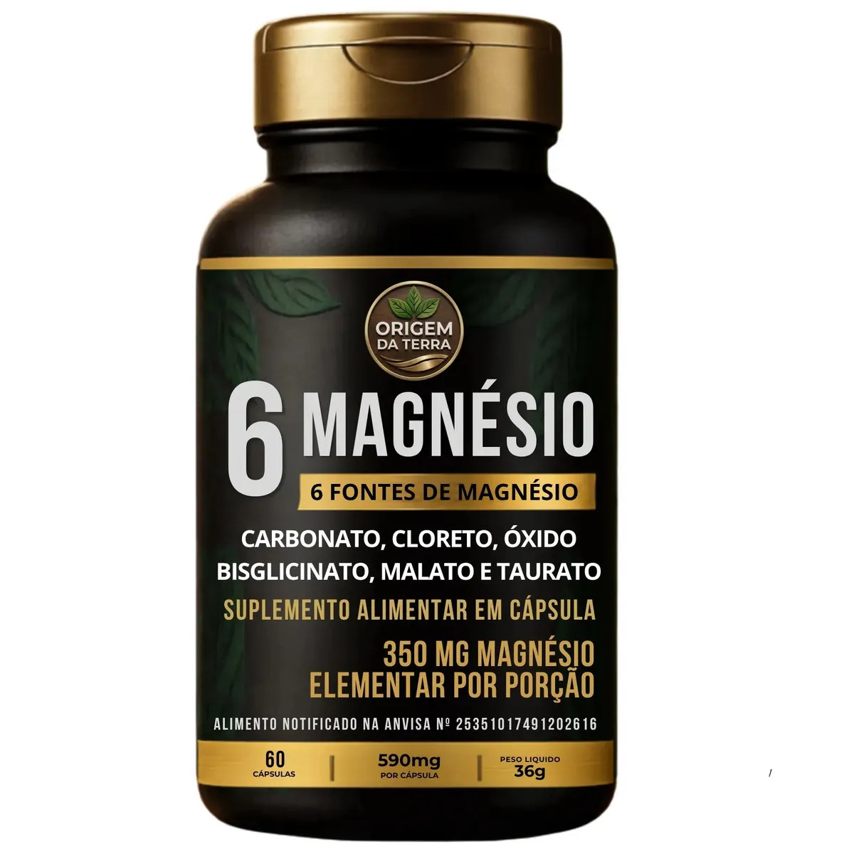 Magnésio Bisglicinato + Dimalato + Taurato + Carbonato + Cloreto + Óxido 6X Magnésios 350mg Magnésio Elementar 60 Cápsulas Origem da Terra
