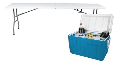 Mesa Plegable 180cm Portatil + Hielera 48 Qt Azul 63 Latas